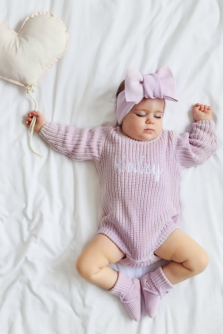 baby girls embroidered personalised lilac knitted long sleeve romper