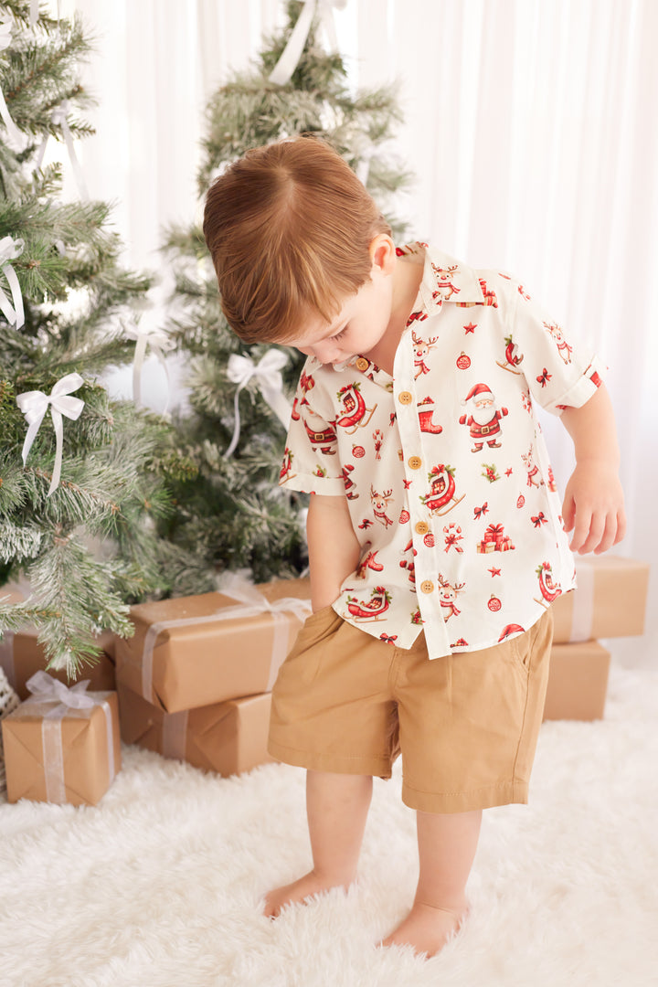 Button Up Shirt - Here Comes Santa Claus