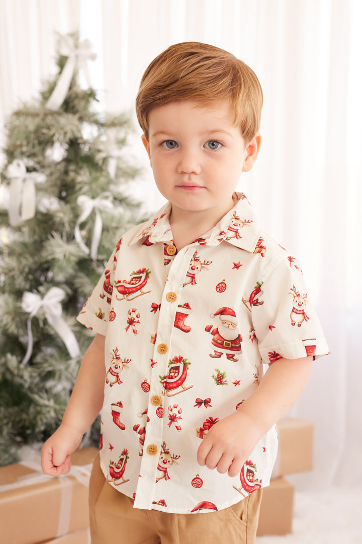 Button Up Shirt - Here Comes Santa Claus
