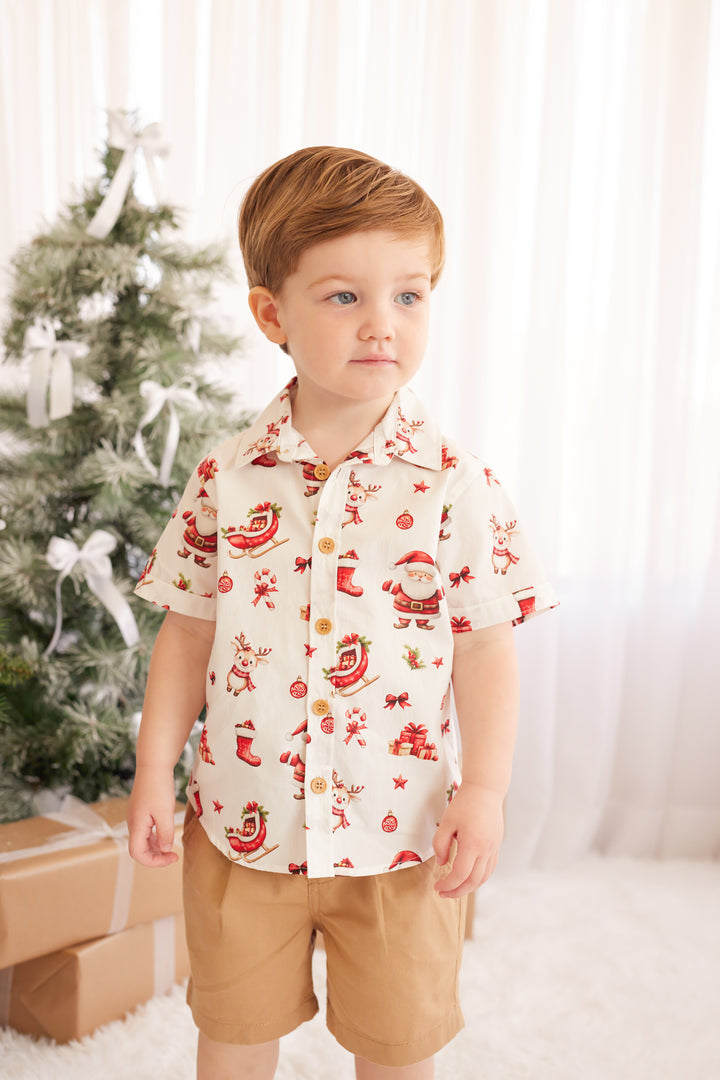 Button Up Shirt - Here Comes Santa Claus