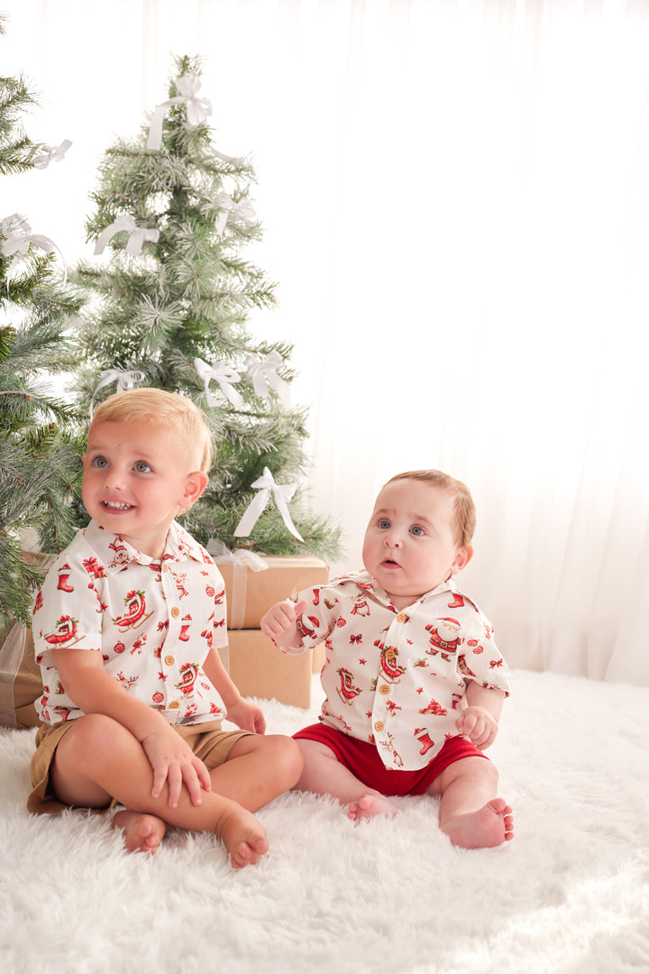 Button Up Shirt - Here Comes Santa Claus