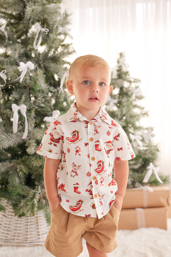 Button Up Shirt - Here Comes Santa Claus