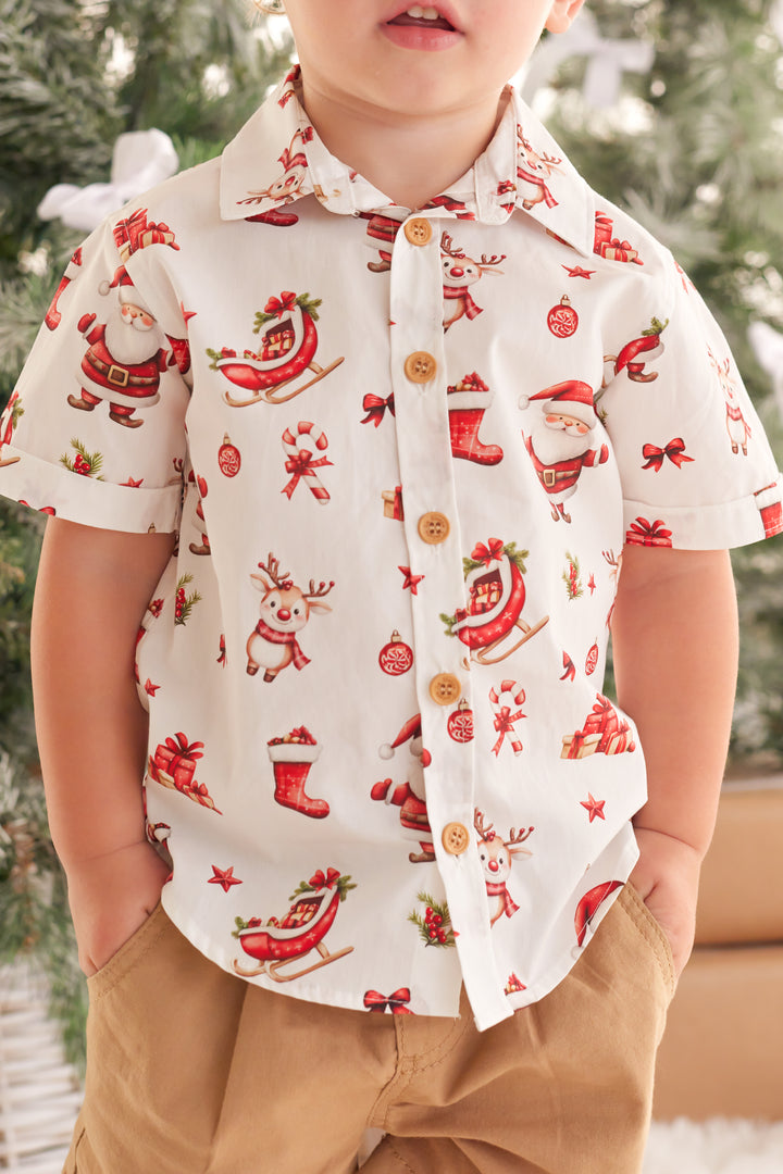 Button Up Shirt - Here Comes Santa Claus