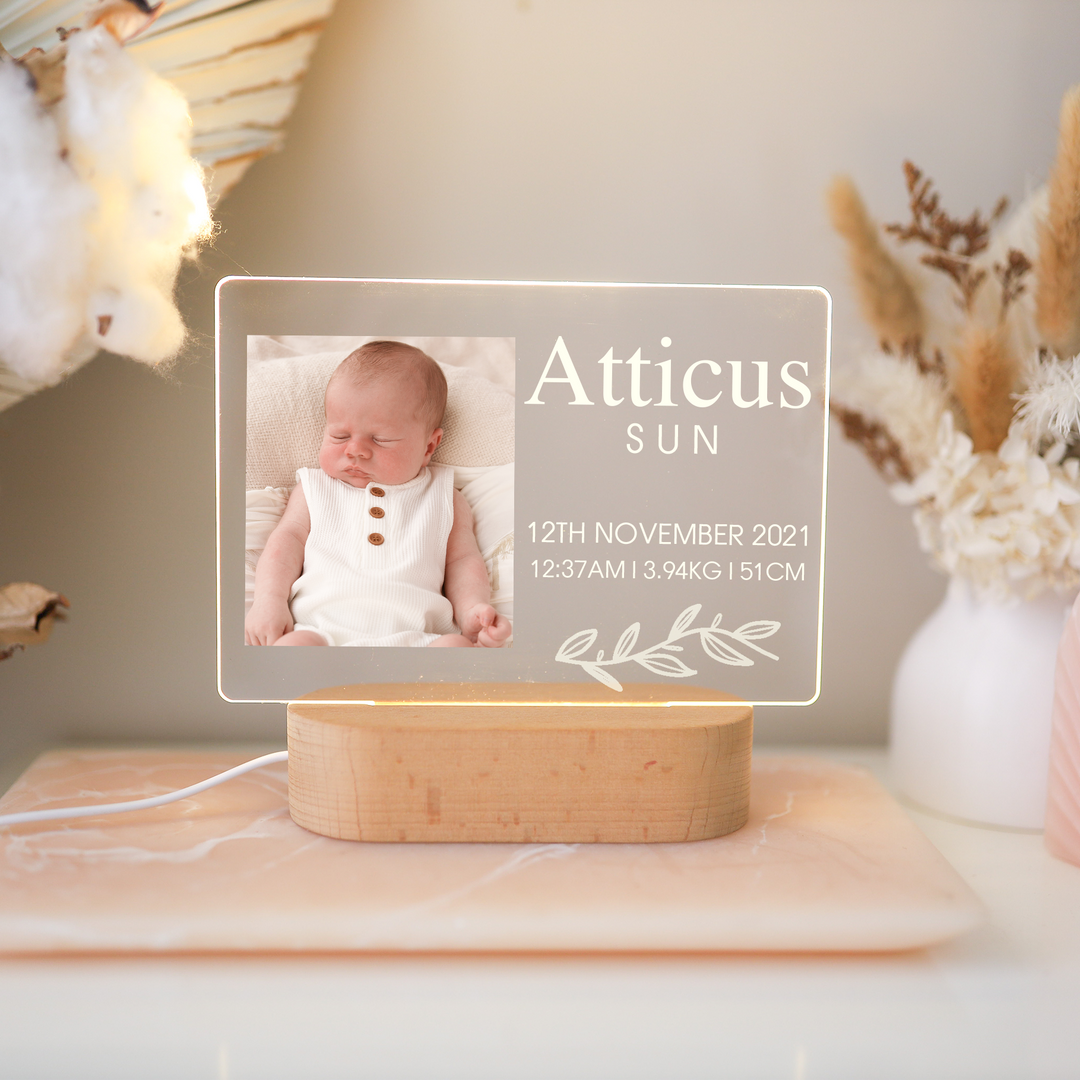 Acrylic Night Light - Birth Announcement - Leaf W/ Custom Image
