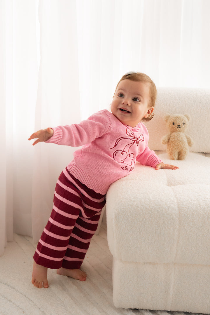 Knitted Wide Leg Pants - Merlot Stripe