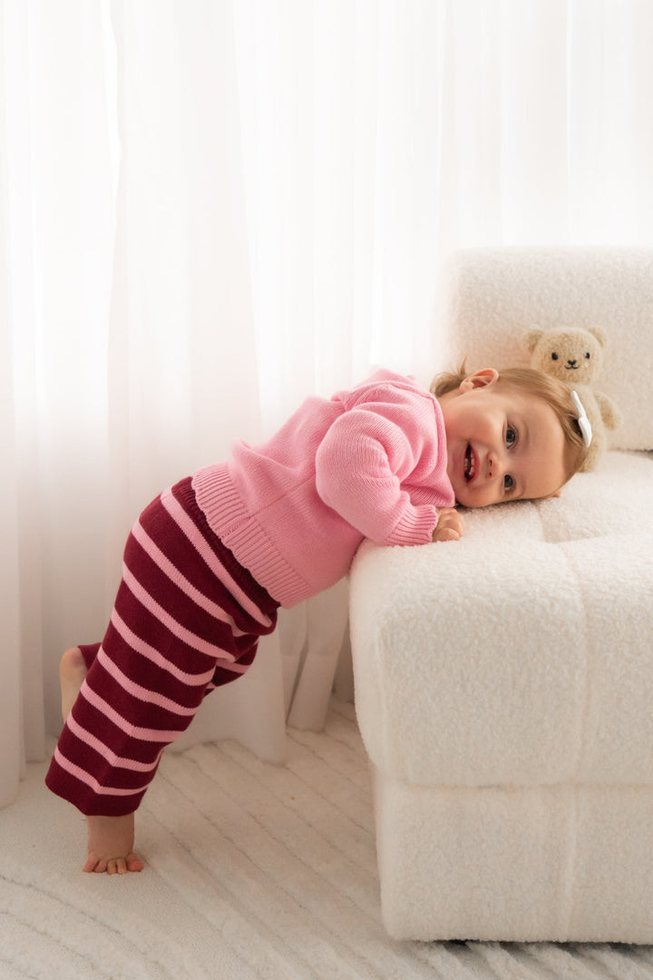 Knitted Wide Leg Pants - Merlot Stripe