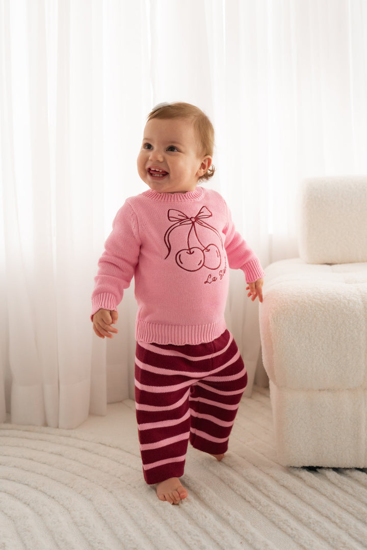 Knitted Wide Leg Pants - Merlot Stripe