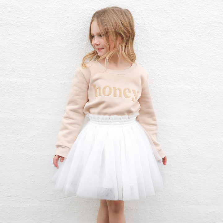 kids unisex oatmeal jumper with honey text