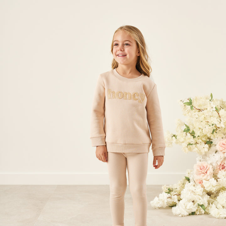 kids unisex oatmeal jumper with honey text
