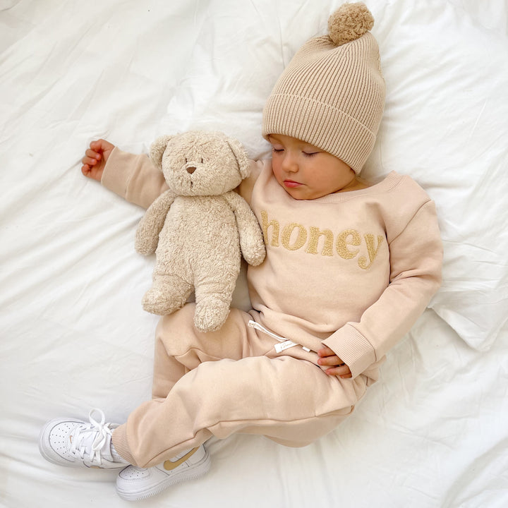 kids unisex oatmeal jumper with honey text