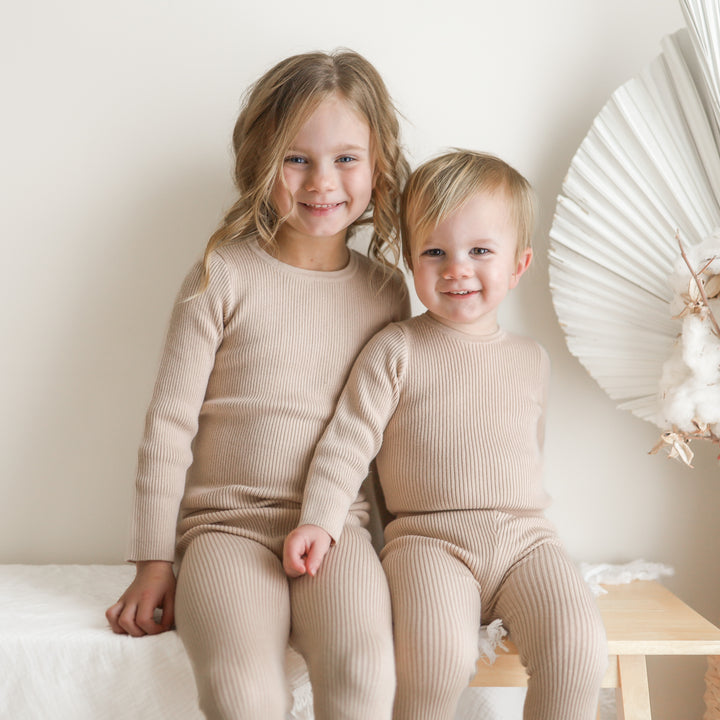 matching baby kids oat long sleeve knitted ribbed bodysuit/top