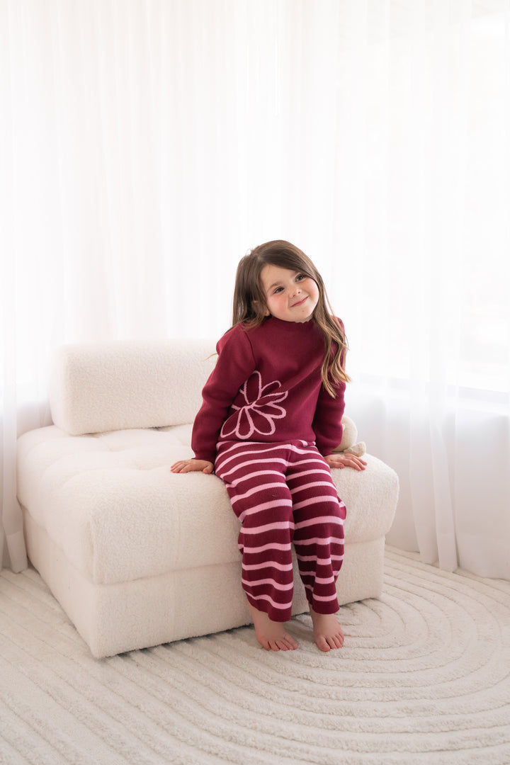 Knitted Wide Leg Pants - Merlot Stripe