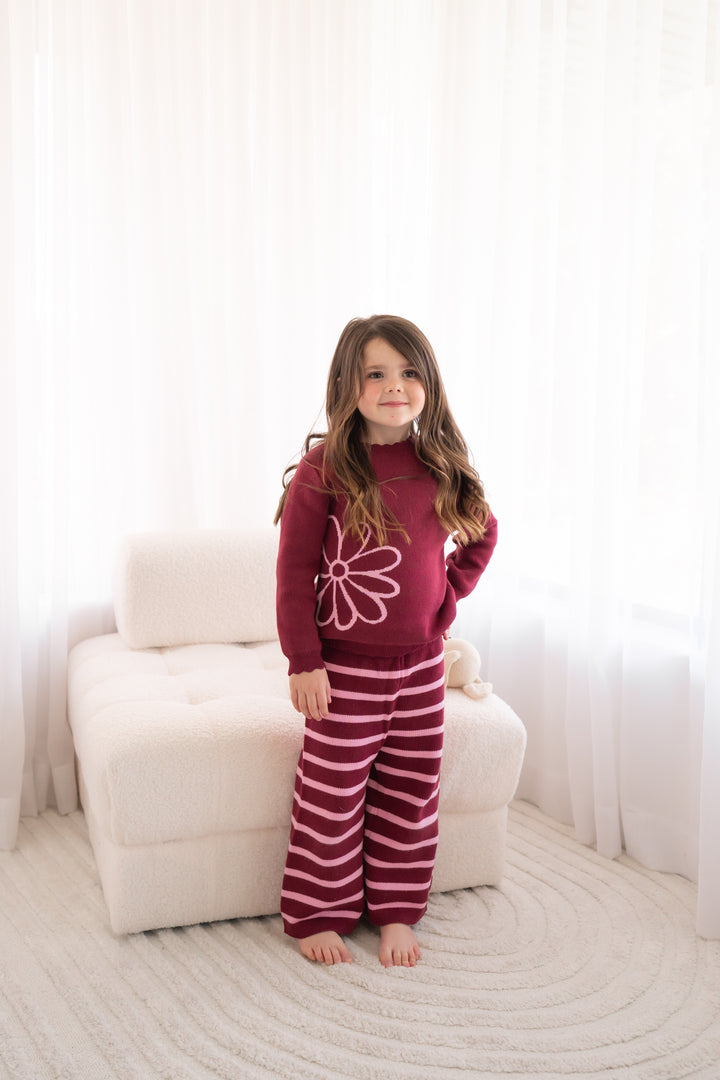 Knitted Wide Leg Pants - Merlot Stripe