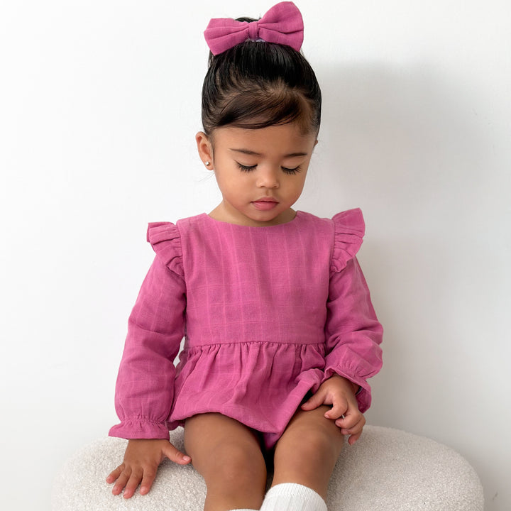 baby girl birthday raspberry muslin long sleeve romper
