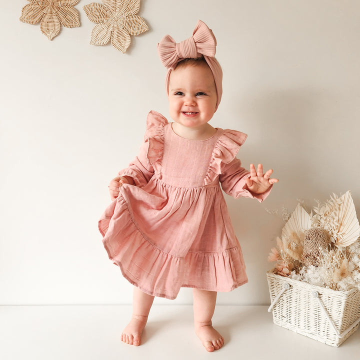 baby girl rosewood long sleeve muslin dress with frill