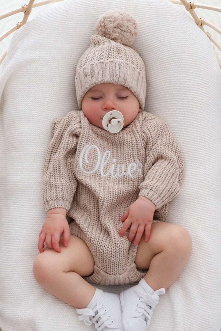 baby personalised embroidered oat knitted long sleeve romper