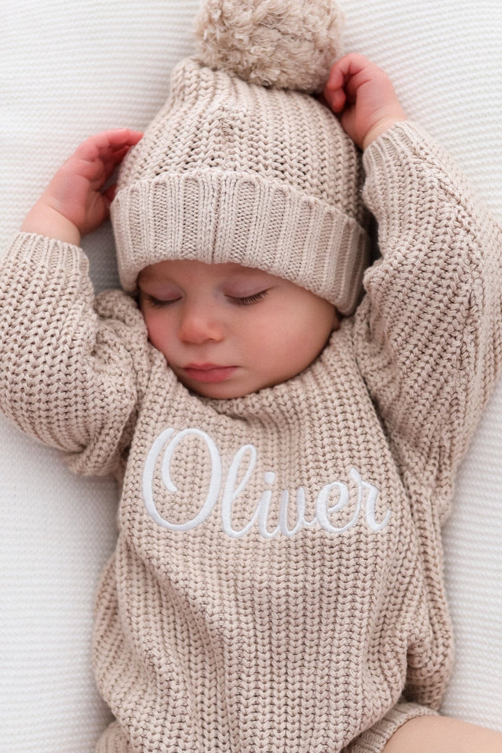 baby personalised embroidered oat knitted long sleeve romper