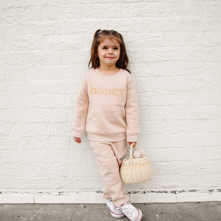 kids unisex oatmeal jumper with honey text