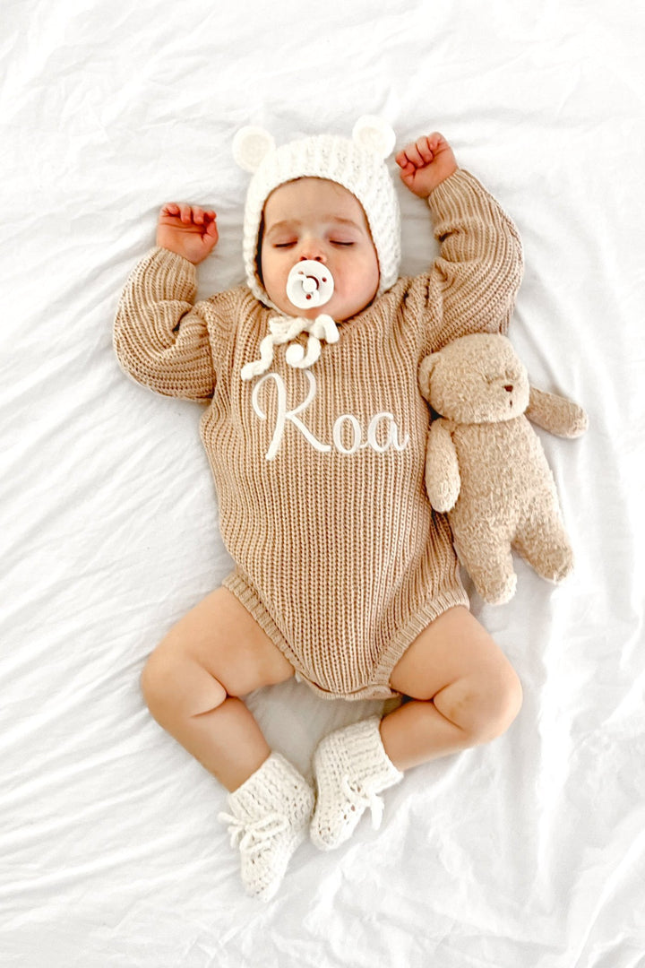 baby personalised embroidered oat knitted long sleeve romper