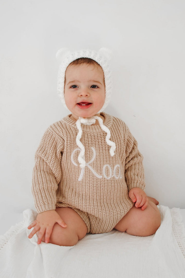 baby personalised embroidered oat knitted long sleeve romper