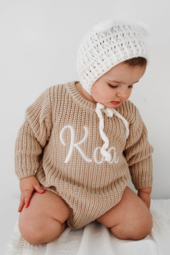baby personalised embroidered oat knitted long sleeve romper