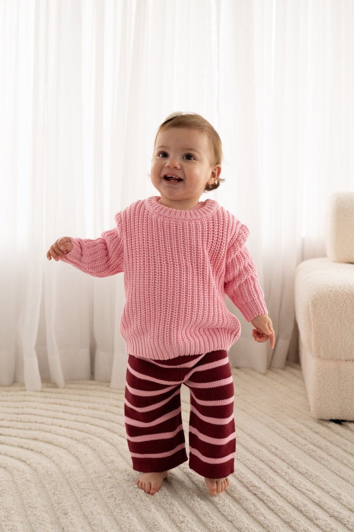 Knitted Wide Leg Pants - Merlot Stripe