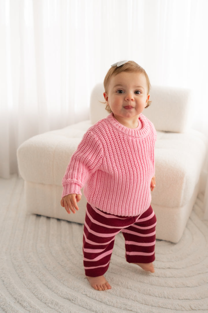 Knitted Wide Leg Pants - Merlot Stripe