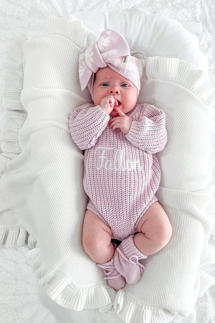 baby girls embroidered personalised lilac knitted long sleeve romper