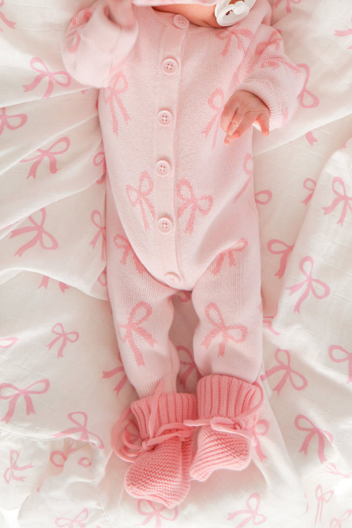 Knitted Louie Romper - Pink Bows