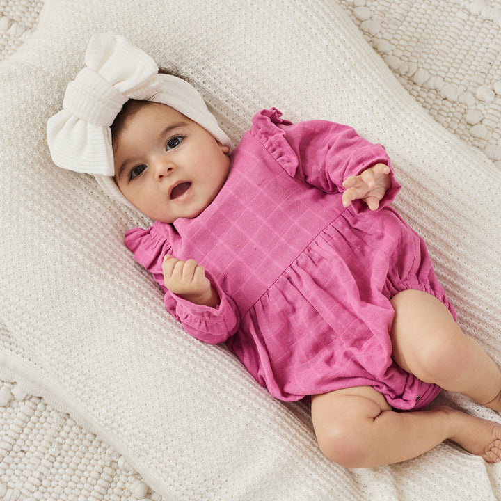 baby girl birthday raspberry muslin long sleeve romper