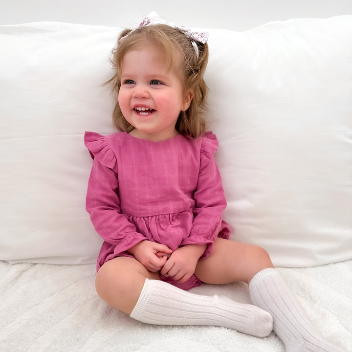 baby girl birthday raspberry muslin long sleeve romper