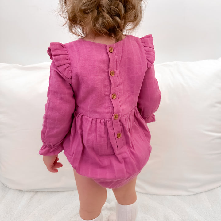 baby girl birthday raspberry muslin long sleeve romper