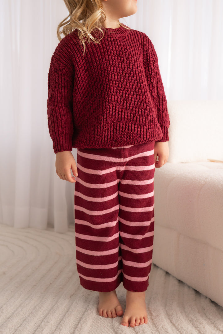 Knitted Wide Leg Pants - Merlot Stripe