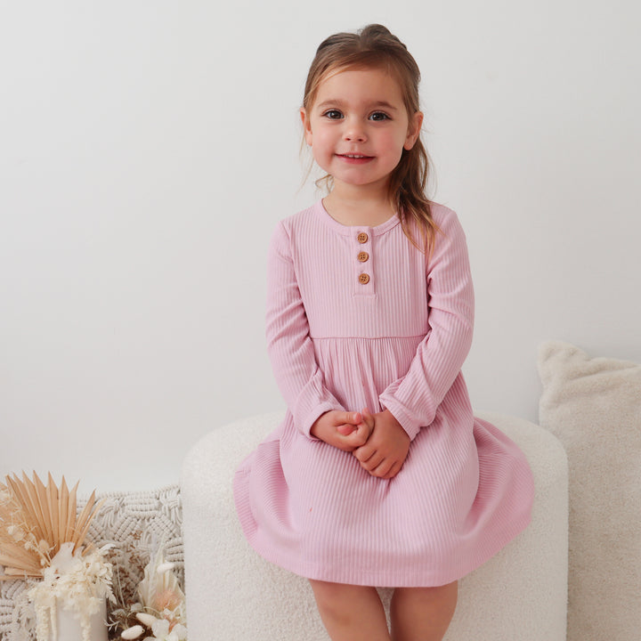 baby girls long sleeve tulip pink ribbed dress