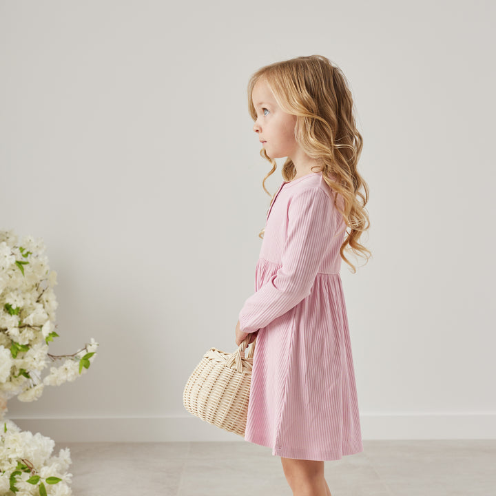 girls long sleeve tulip pink ribbed dress