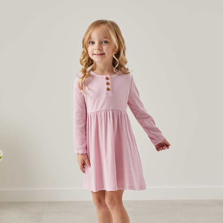 girls long sleeve tulip pink ribbed dress