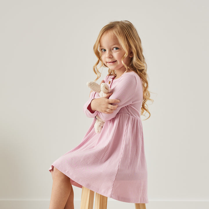 girls long sleeve tulip pink ribbed dress
