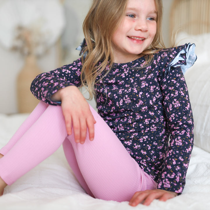 girls long sleeve floral top navy base with pink flowers
