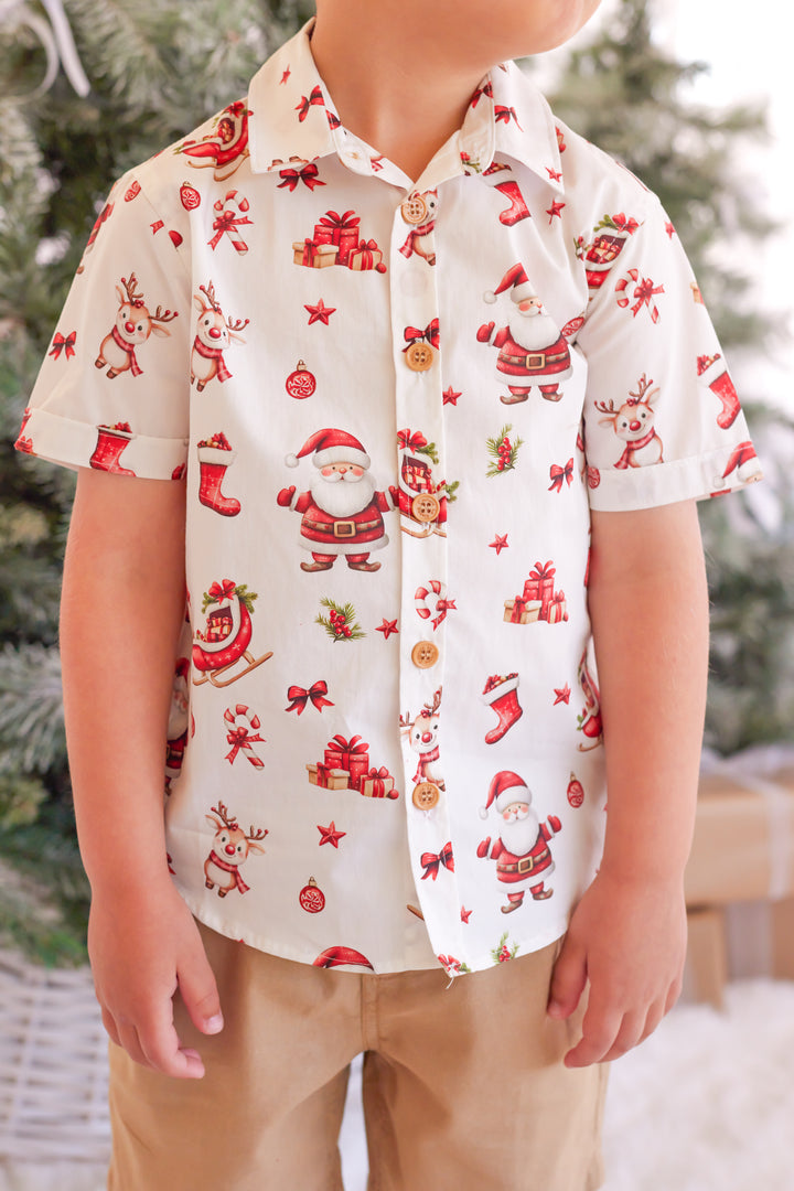 Button Up Shirt - Here Comes Santa Claus