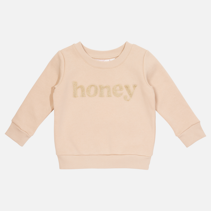kids unisex oatmeal jumper with honey text