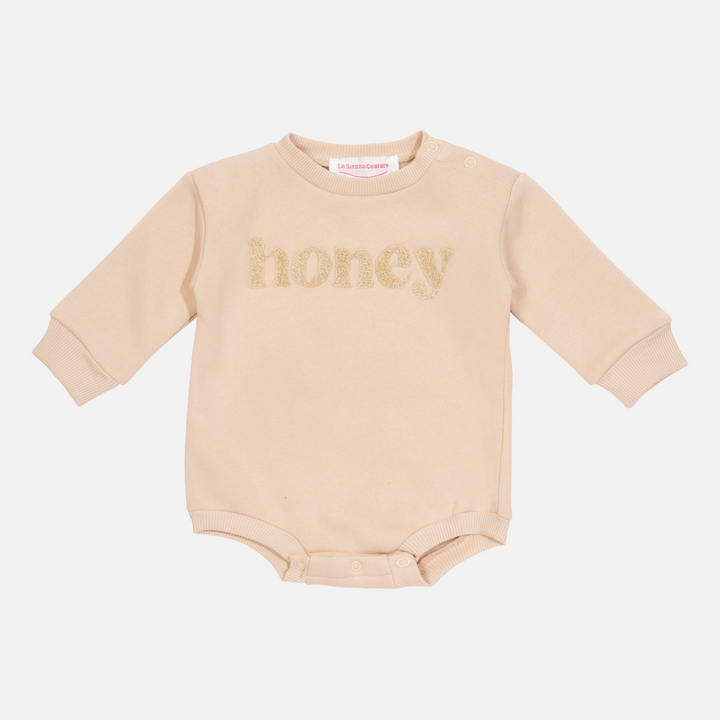 unisex baby oatmeal romper with honey text