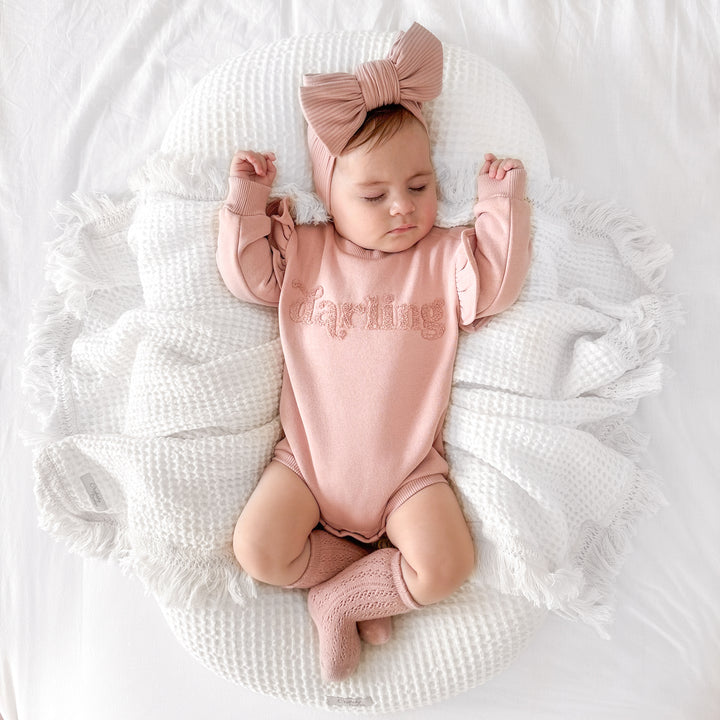 baby girl rosewood romper with darling text