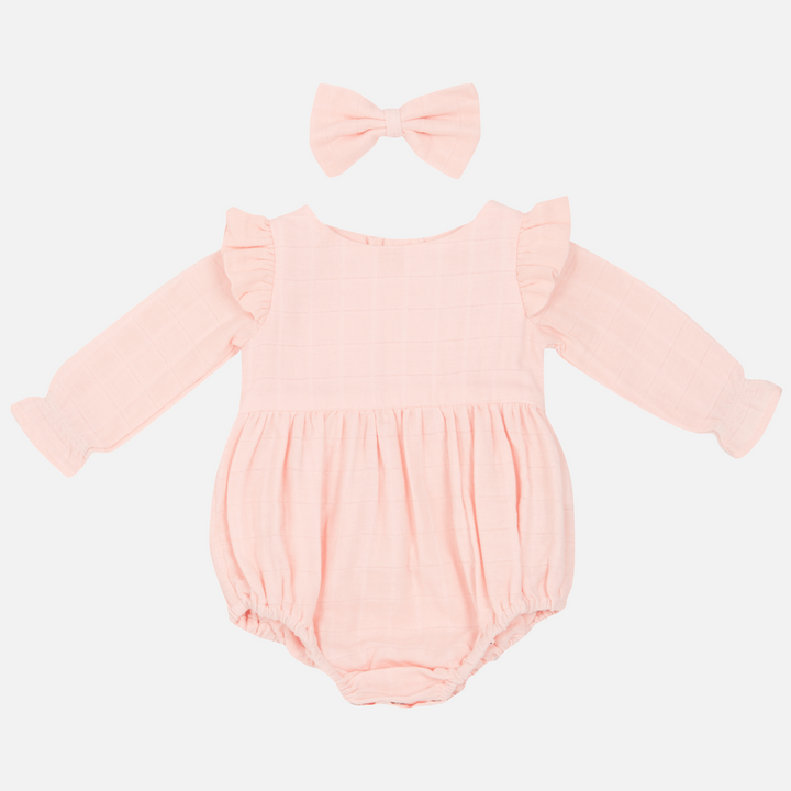 baby girl peach muslin long sleeve romper with bow