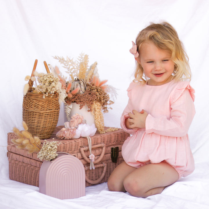 baby girl peach muslin long sleeve romper