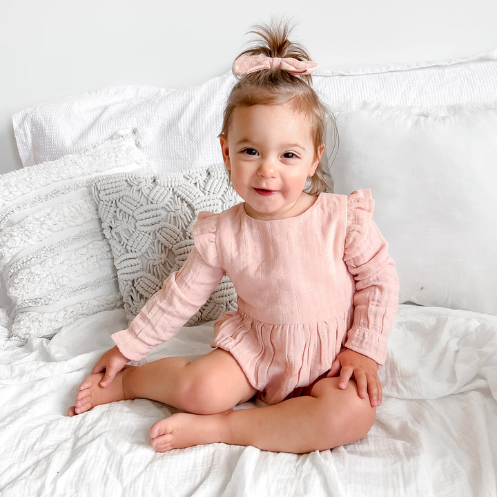 baby girl vintage pink muslin long sleeve romper