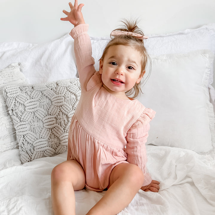 baby girl vintage pink muslin long sleeve romper