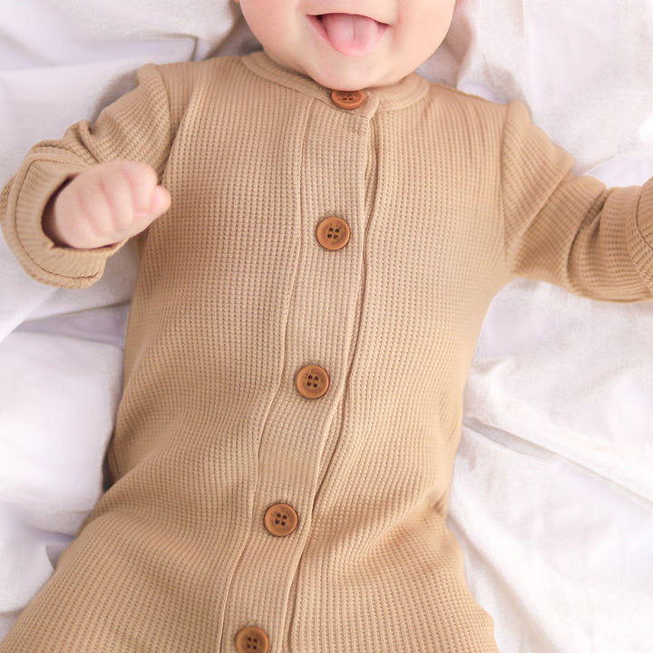 Long Sleeve Waffle Louie Romper - Biscuit