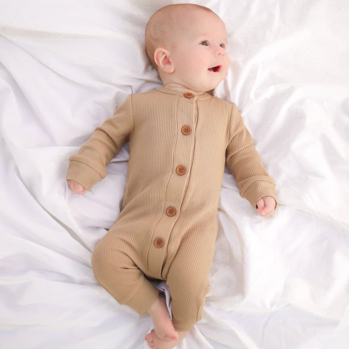 Long Sleeve Waffle Louie Romper - Biscuit