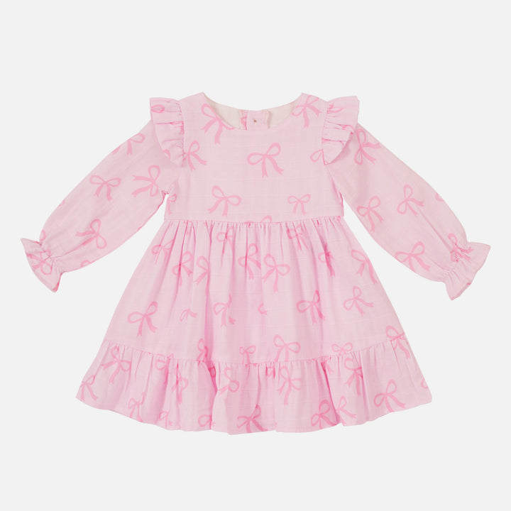 Muslin Ruffle Dress - Pink Bows