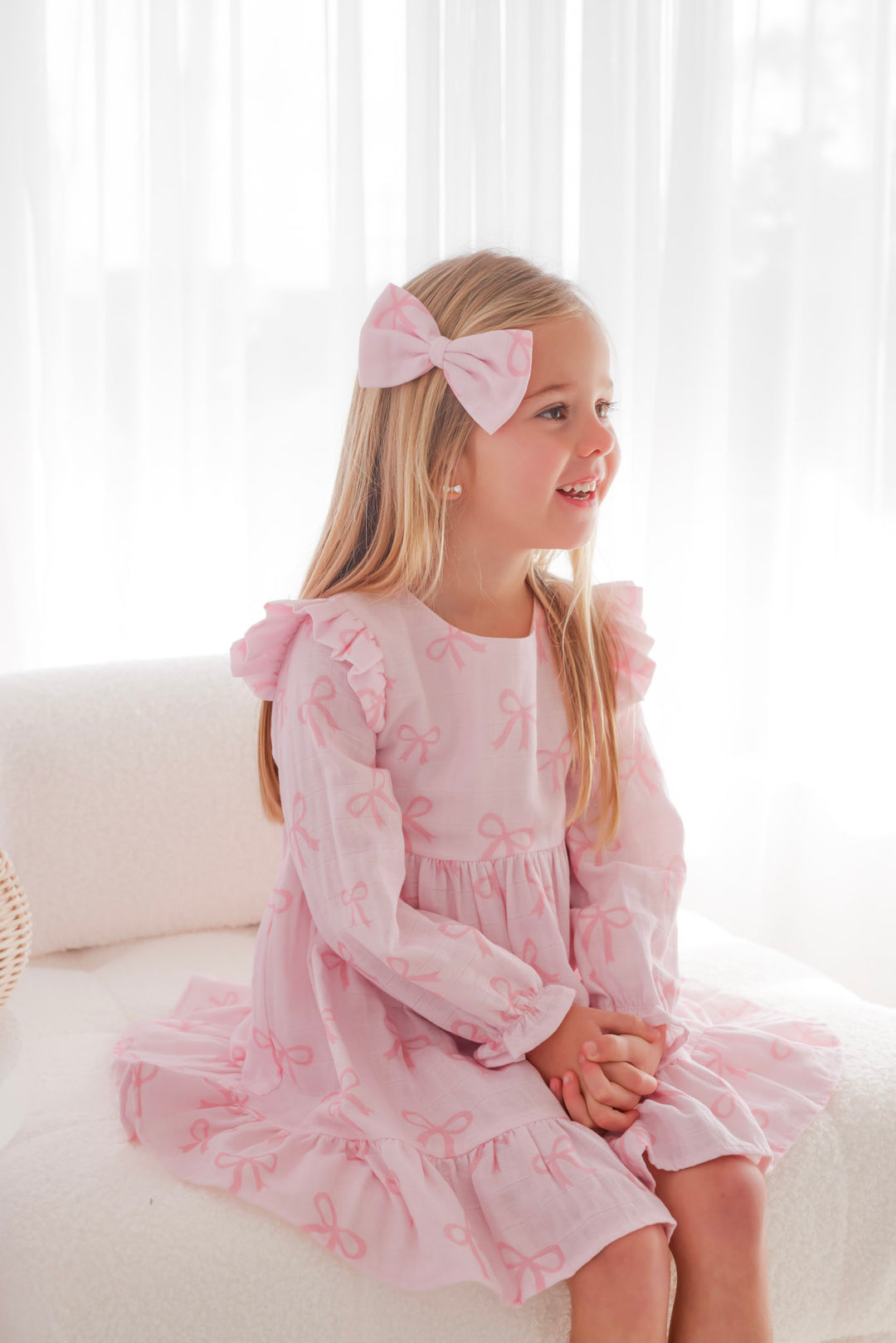Muslin Ruffle Dress - Pink Bows